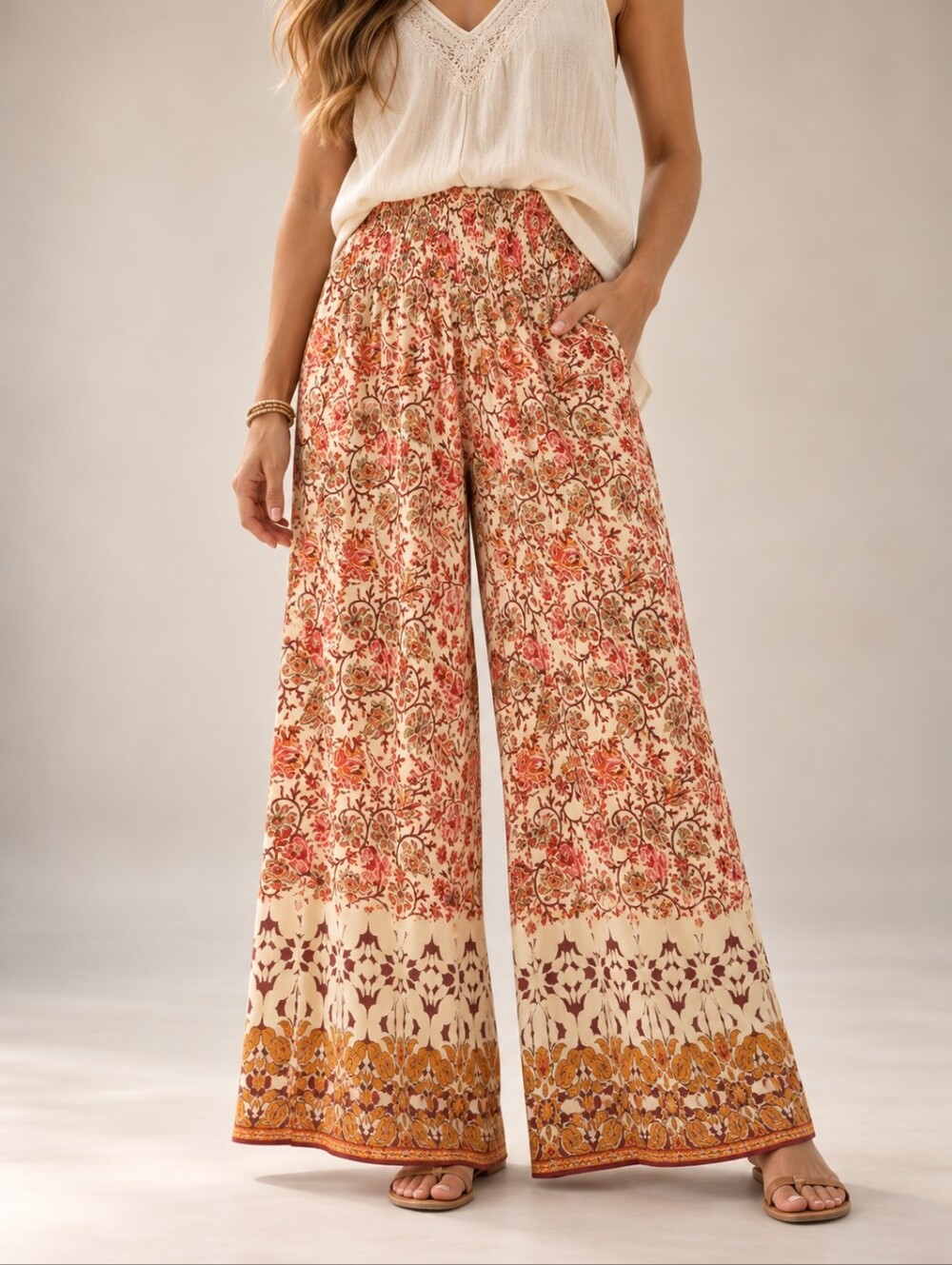 Maison d'Amélie Paris Floral Border Print Wide Leg Palazzo Pants Rayon